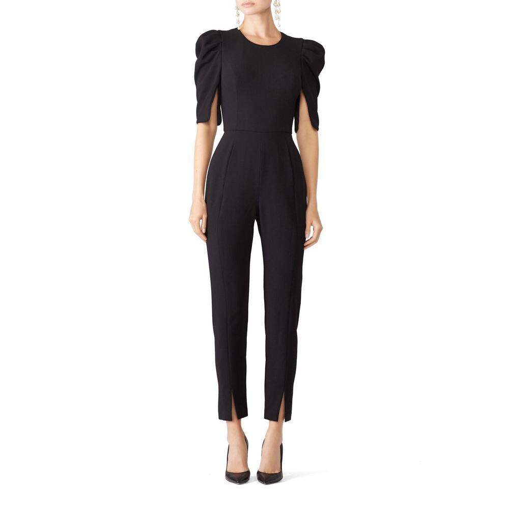 Black Halo Russo Puff Shoulder Slit Jumpsuit Black Size 8 Slim Leg Front Pockets - Picture 13 of 15